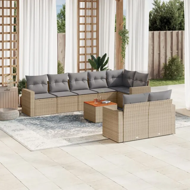 Salon de jardin avec coussins 9 pcs beige résine tressée