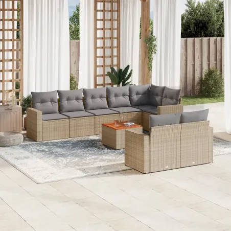 Salon de jardin avec coussins 9 pcs beige résine tressée