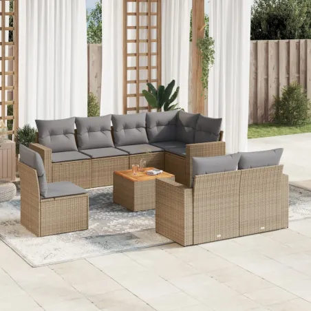Salon de jardin avec coussins 9 pcs beige résine tressée