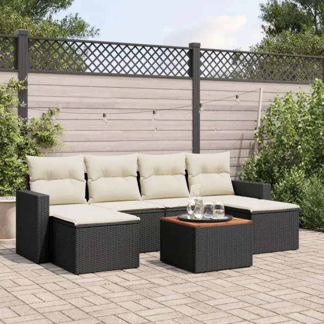 Salon de jardin 7 pcs avec coussins noir résine tressée
