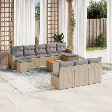 Salon de jardin 11 pcs avec coussins beige résine tressée