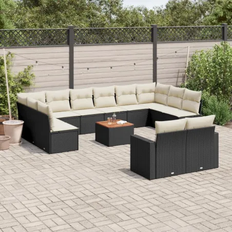 Salon de jardin avec coussins 13 pcs noir résine tressée