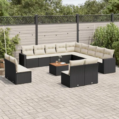 Salon de jardin avec coussins 14 pcs noir résine tressée