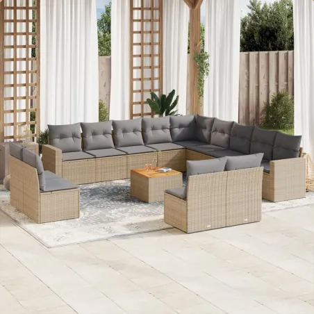 Salon de jardin avec coussins 14 pcs beige résine tressée
