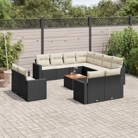 Salon de jardin avec coussins 13 pcs noir résine tressée