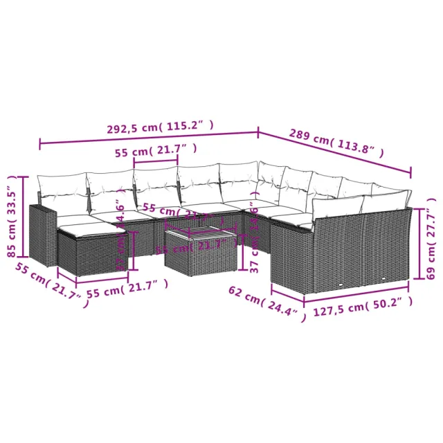 Salon de jardin 12 pcs avec coussins noir résine tressée