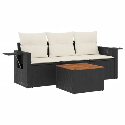 Salon de jardin 4 pcs avec coussins noir résine tressée 2