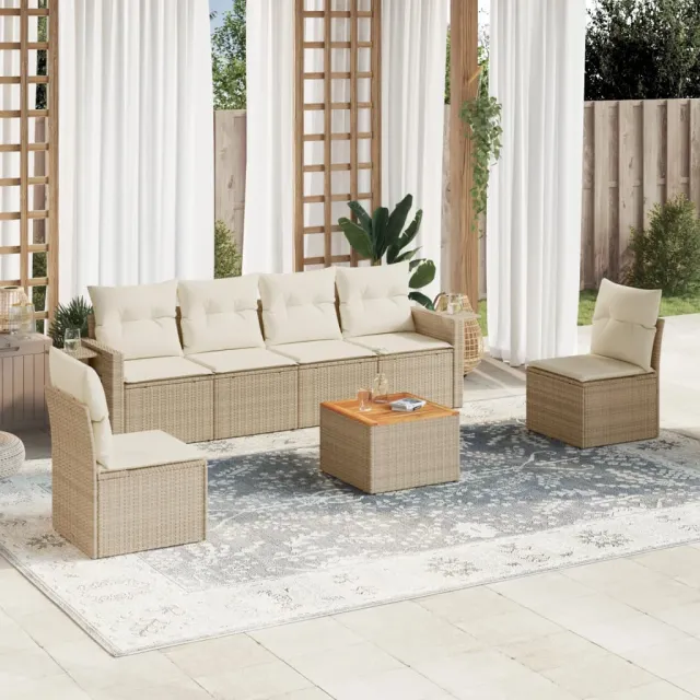 Salon de jardin avec coussins 7 pcs beige résine tressée
