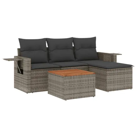 Salon de jardin 5 pcs avec coussins gris résine tressée 2