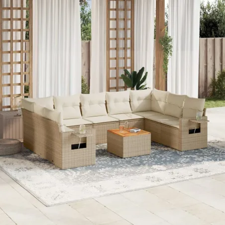 Salon de jardin avec coussins 10 pcs beige résine tressée