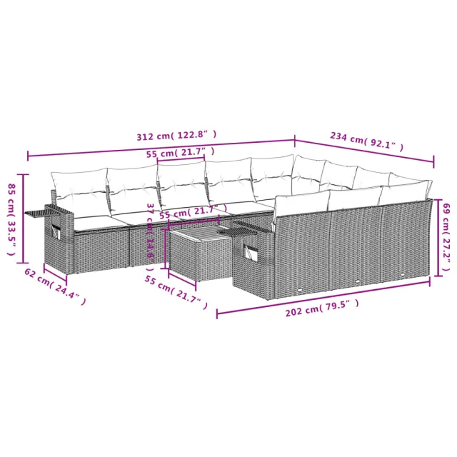 Salon de jardin 11 pcs avec coussins beige résine tressée