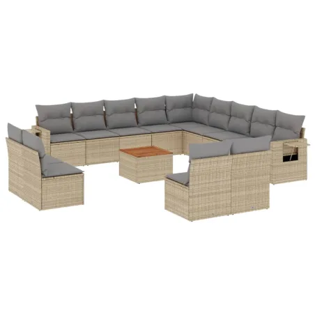 Salon de jardin avec coussins 14 pcs beige résine tressée