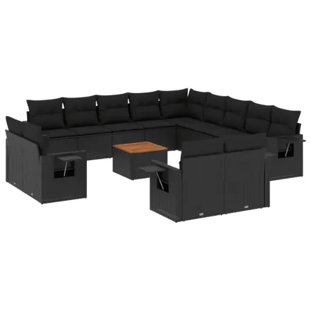 Salon de jardin avec coussins 14 pcs noir résine tressée 2