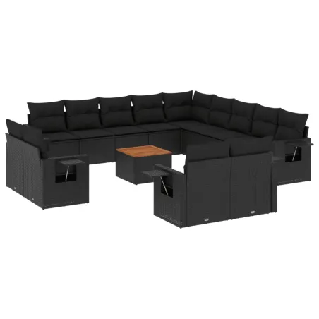 Salon de jardin avec coussins 14 pcs noir résine tressée