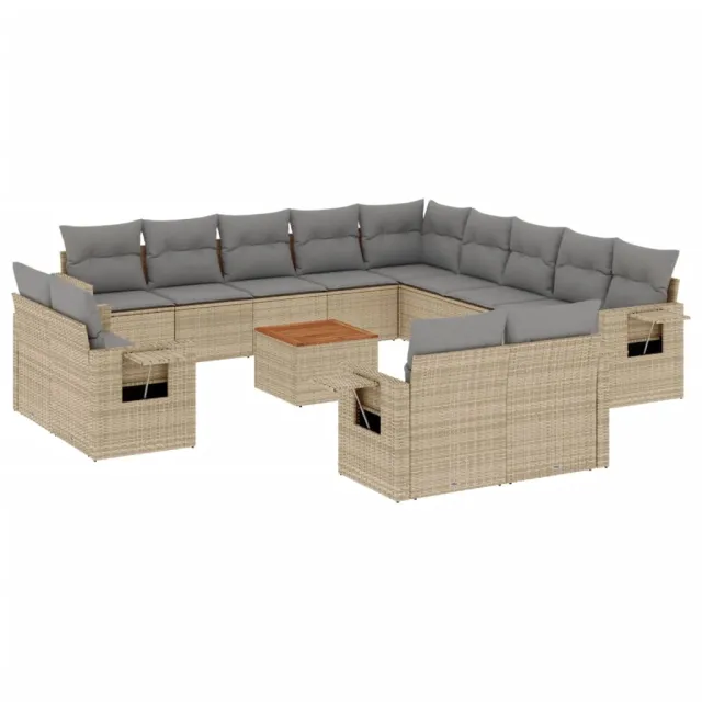Salon de jardin avec coussins 14 pcs beige résine tressée