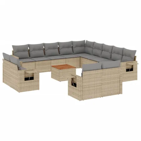 Salon de jardin avec coussins 14 pcs beige résine tressée