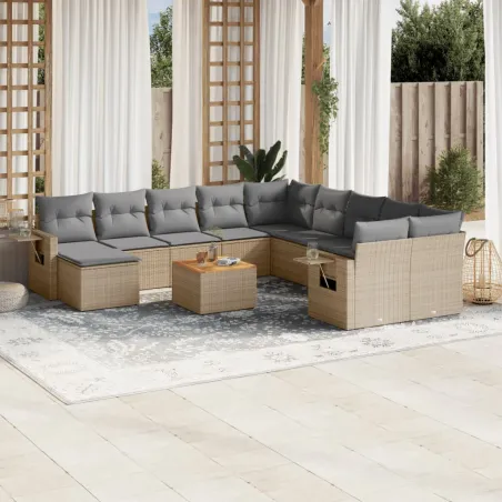 Salon de jardin avec coussins 12 pcs beige résine tressée