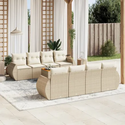 Salon de jardin avec coussins 9 pcs beige résine tressée