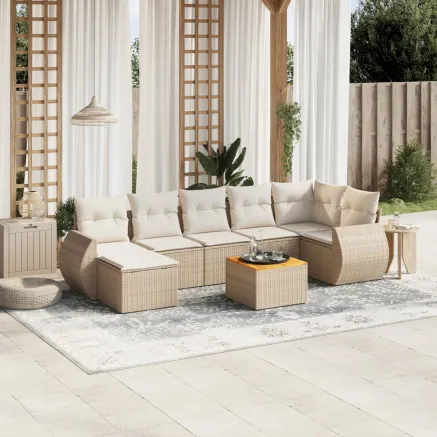 Salon de jardin avec coussins 8 pcs beige résine tressée