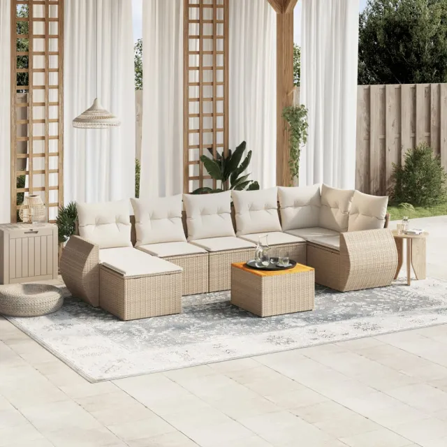 Salon de jardin avec coussins 8 pcs beige résine tressée