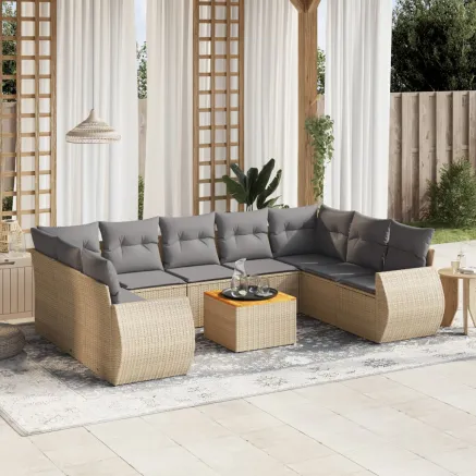 Salon de jardin avec coussins 10 pcs beige résine tressée