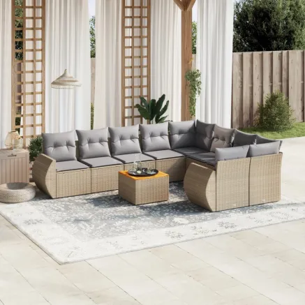 Salon de jardin avec coussins 10 pcs beige résine tressée