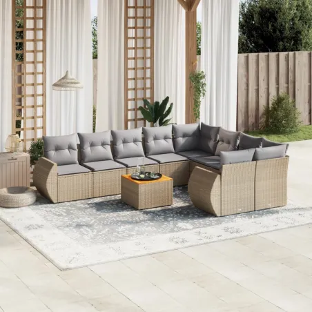 Salon de jardin avec coussins 10 pcs beige résine tressée