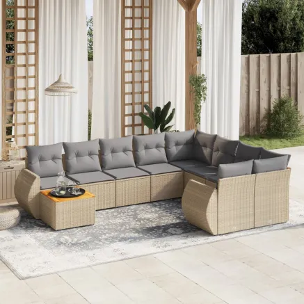 Salon de jardin avec coussins 10 pcs beige résine tressée