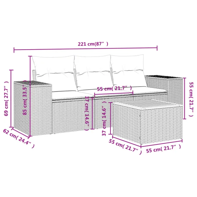 Salon de jardin 4 pcs avec coussins noir résine tressée