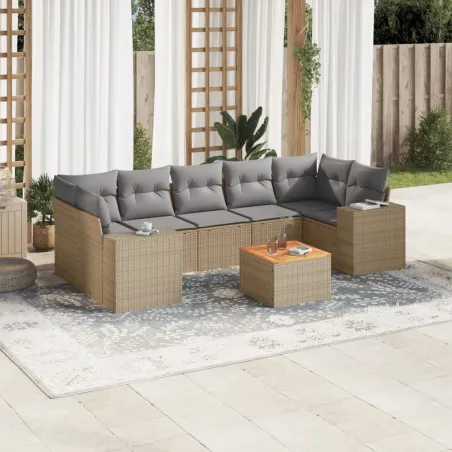 Salon de jardin avec coussins 8 pcs beige résine tressée