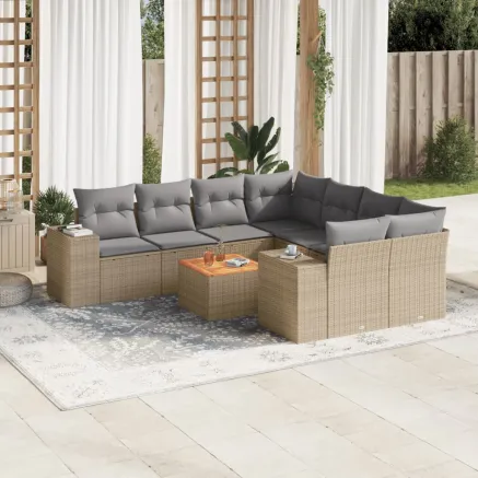 Salon de jardin avec coussins 9 pcs beige résine tressée