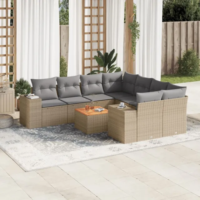 Salon de jardin avec coussins 9 pcs beige résine tressée