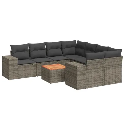 Salon de jardin 9 pcs avec coussins gris résine tressée 2