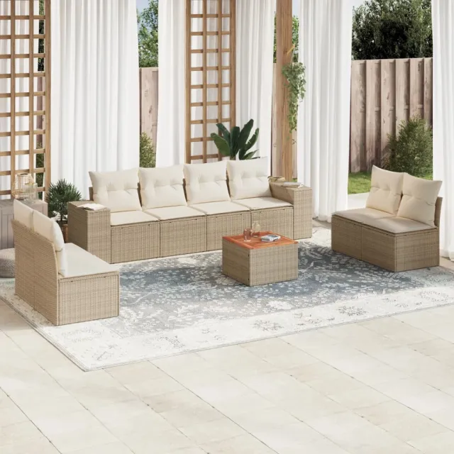 Salon de jardin avec coussins 9 pcs beige résine tressée