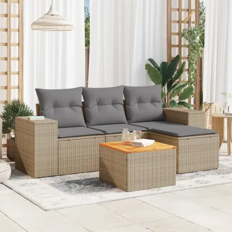 Salon de jardin avec coussins 5 pcs beige résine tressée