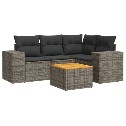 Salon de jardin 5 pcs avec coussins gris résine tressée 2
