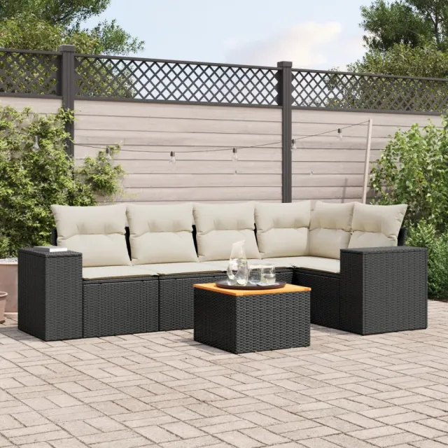 Salon de jardin 6 pcs avec coussins noir résine tressée