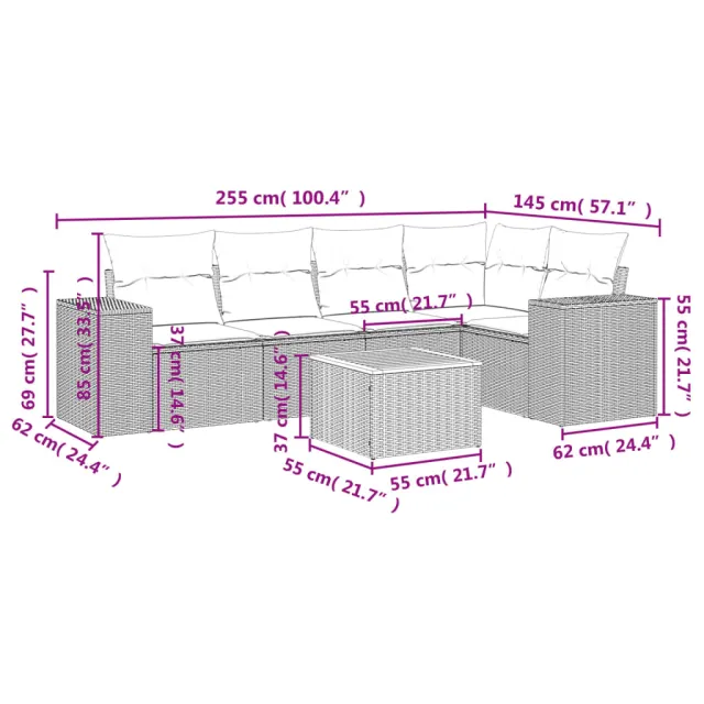 Salon de jardin 6 pcs avec coussins gris résine tressée