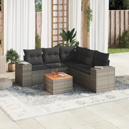 Salon de jardin 6 pcs avec coussins gris résine tressée