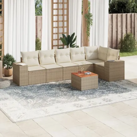 Salon de jardin avec coussins 7 pcs beige résine tressée