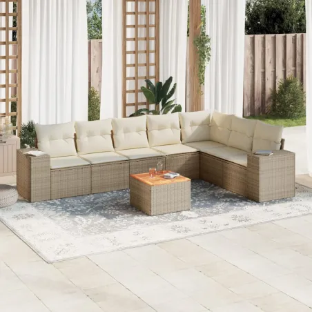 Salon de jardin avec coussins 8 pcs beige résine tressée