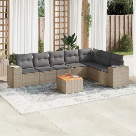 Salon de jardin avec coussins 8 pcs beige résine tressée