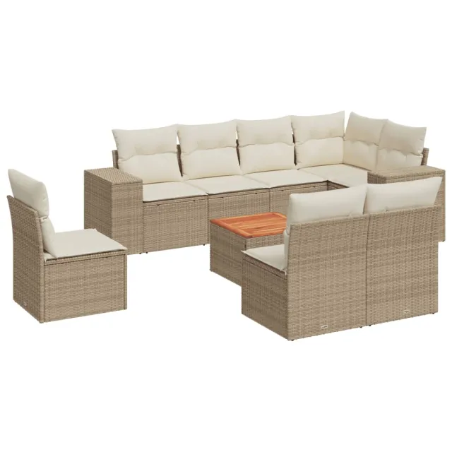 Salon de jardin avec coussins 9 pcs beige résine tressée