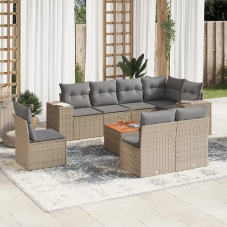 Salon de jardin avec coussins 9 pcs beige résine tressée