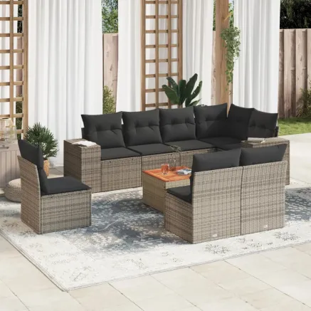 Salon de jardin 9 pcs avec coussins gris résine tressée