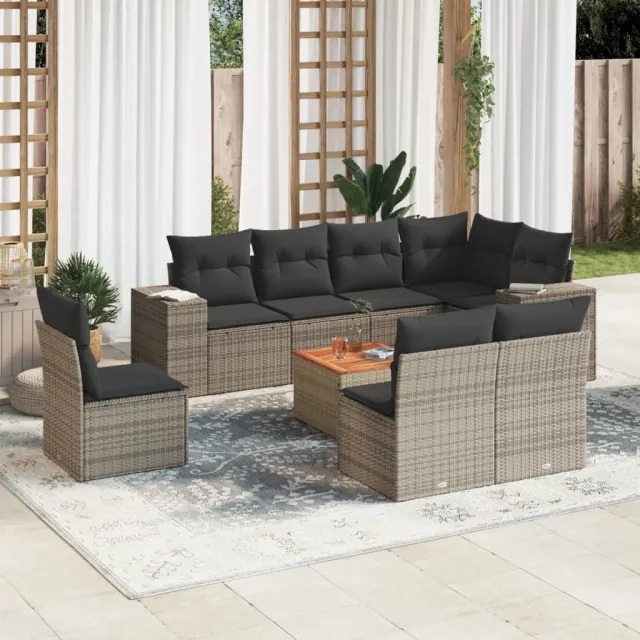 Salon de jardin 9 pcs avec coussins gris résine tressée