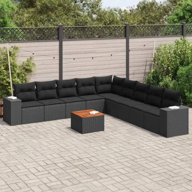 Salon de jardin 10 pcs avec coussins noir résine tressée