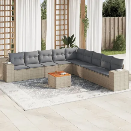 Salon de jardin avec coussins 10 pcs beige résine tressée