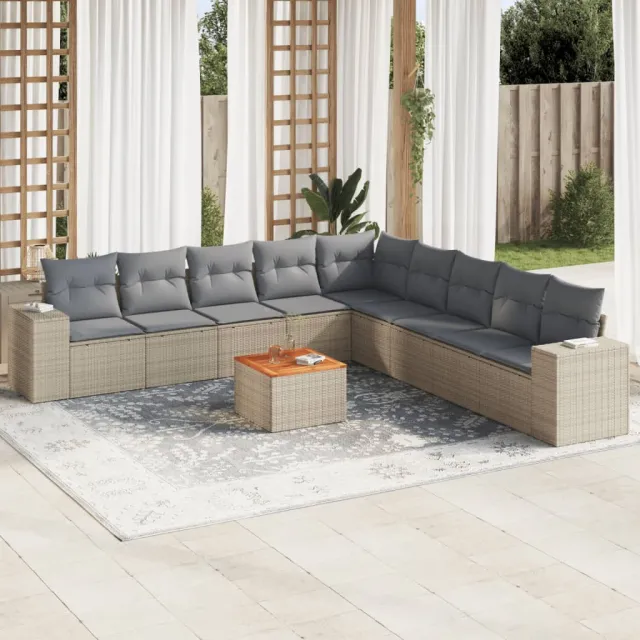 Salon de jardin avec coussins 10 pcs beige résine tressée