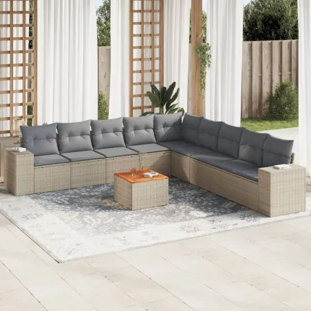 Salon de jardin avec coussins 10 pcs beige résine tressée